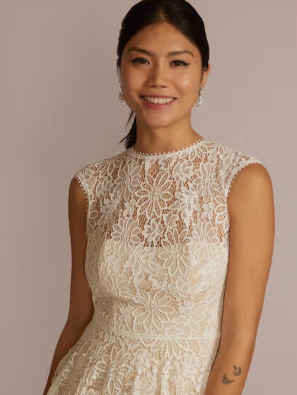 David's Bridal NWT Ivory Lace Midi Dress with Sheer Floral Overlay